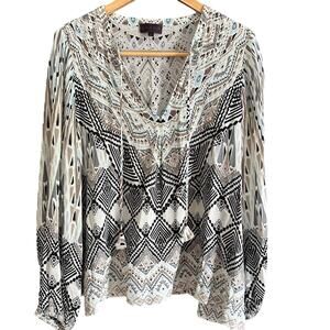 HALE BOB | Boho Graphic Printed Textured Split Neck Long Sleeve Top | Medium